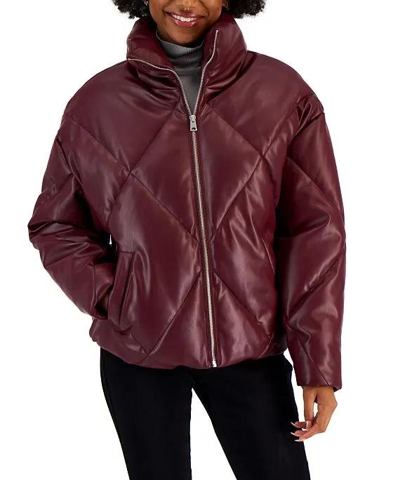 Juniors' Quilted Faux-Leather Puffer Coat