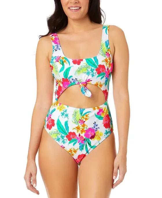 Juniors' Retro Hibiscus Knot-Front One-Piece Swimsuit, Created for Macy's