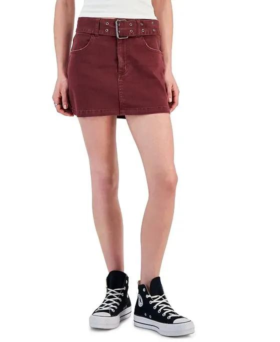 Juniors' Solid Belted Ultra Mini Denim Skirt