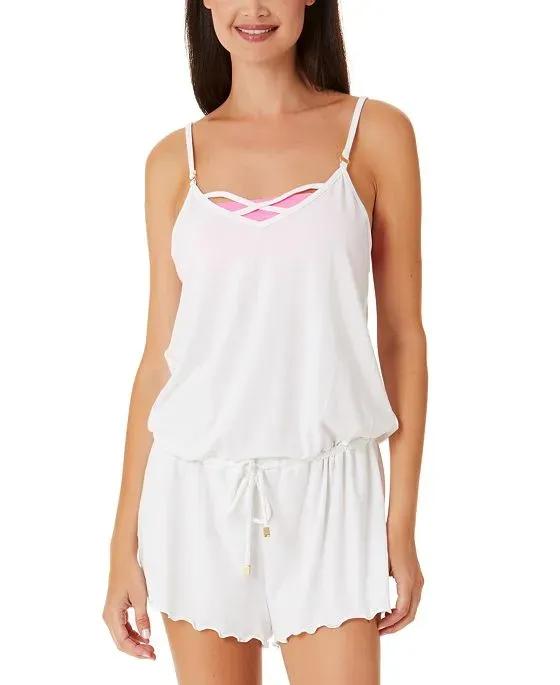 Juniors' Solid Cinched-Waist Lettuce-Edge-Hem Romper Cover-Up, Created for Macy's