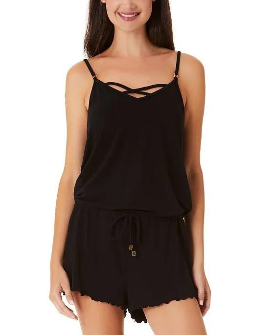 Juniors' Solid Cinched-Waist Lettuce-Edge-Hem Romper Cover-Up, Created for Macy's