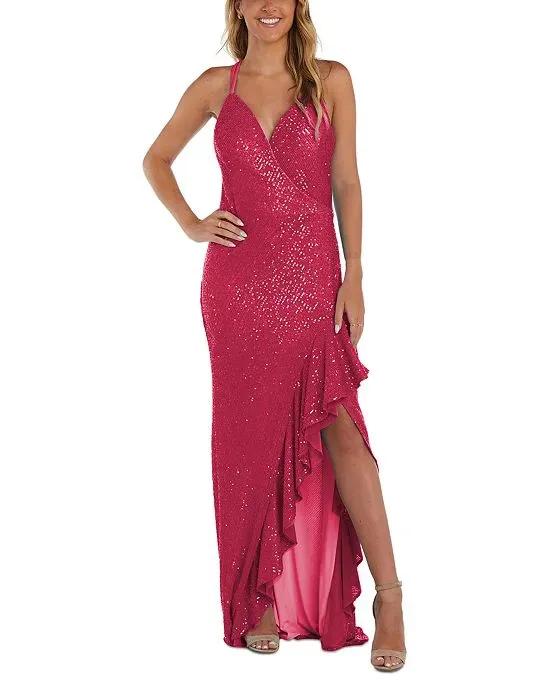 Juniors' V-Neck Ruffle-Front Sequin Gown