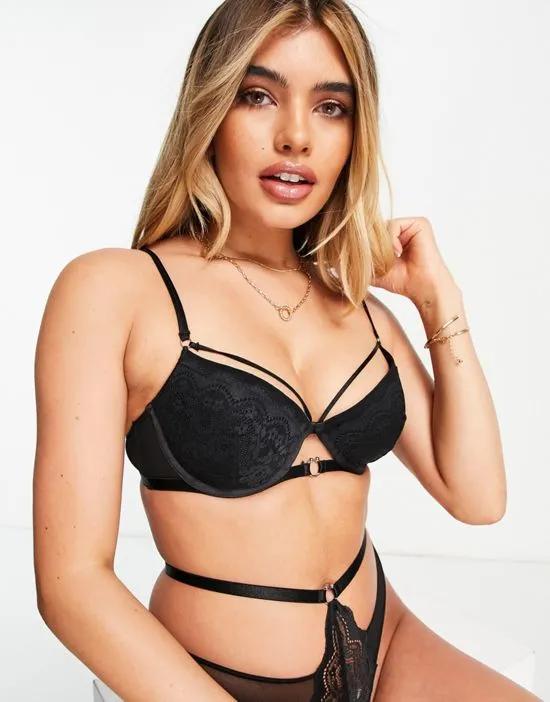 Kacia lace & mesh padded bra with d-ring in black