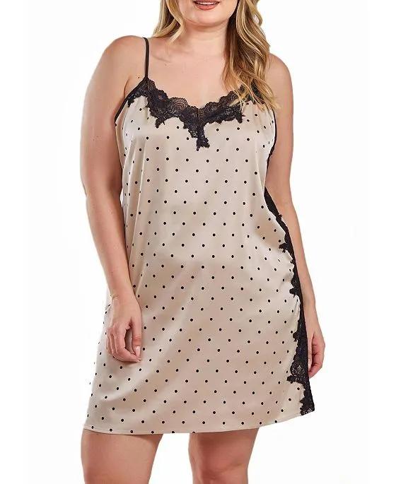 Kareen Dotted Plus Size Satin Chemise Adorned in Front and Side Lace
