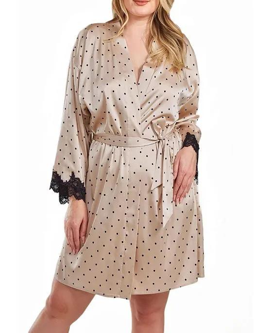 Kareen Plus Size Dotted Satin Robe with Lace Trimmed Sleeves and Self Tie Sash
