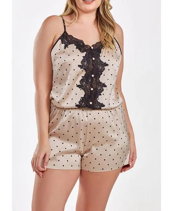 Kareen Plus Size Dotted Satin Romper with Button Down Lace Overlay