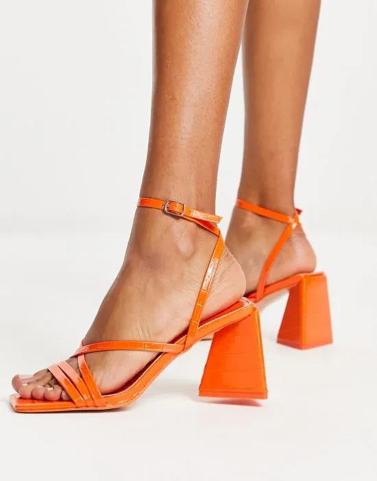 Kasia strappy block heel sandals in orange patent croc