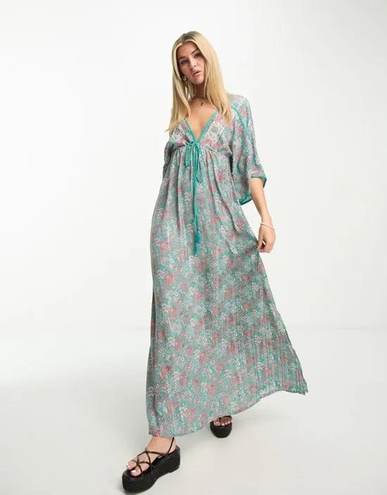 Kassie plunge front printed maxi dress in teal