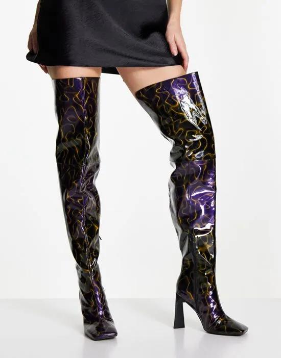 Kensington high-heeled square toe over the knee boots in multi patent