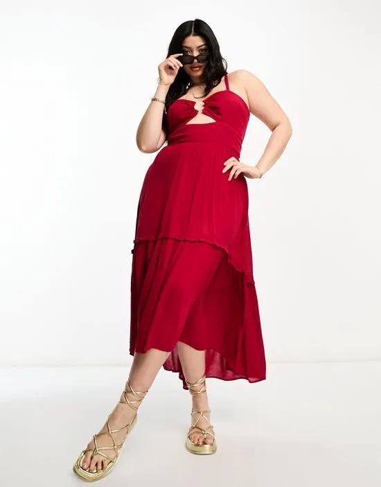 keyhole cut out midi dress in red