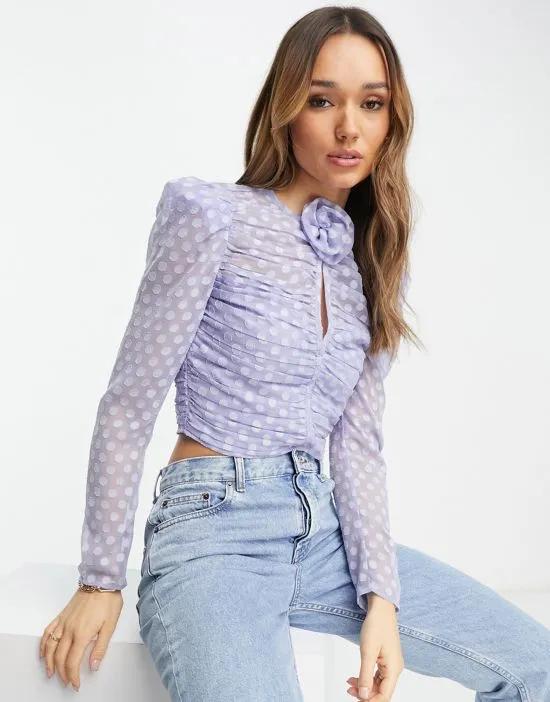 keyhole textured blouse with corsage detail in baby blue