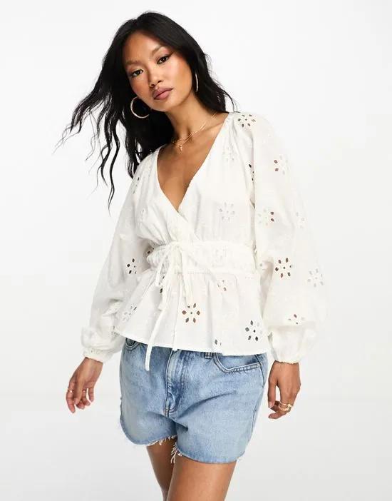 kimono sleeve broderie top with tie waist in white