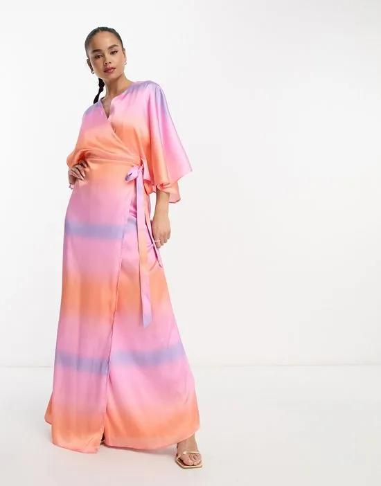 Kimono sleeve maxi wrap dress in Ombre Print