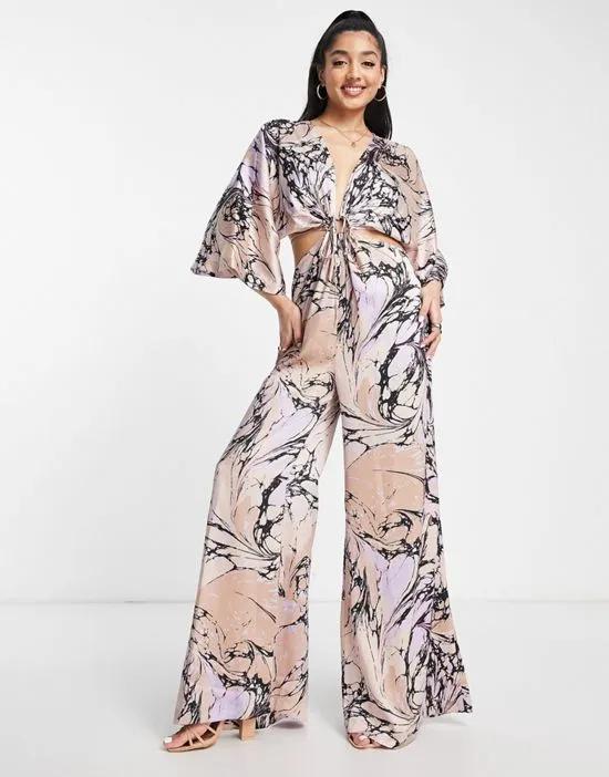kimono sleeve satin jumpsuit in marble print