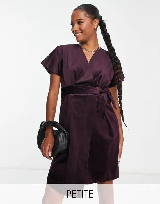 kimono sleeve velvet mini dress with wrap tie in plum