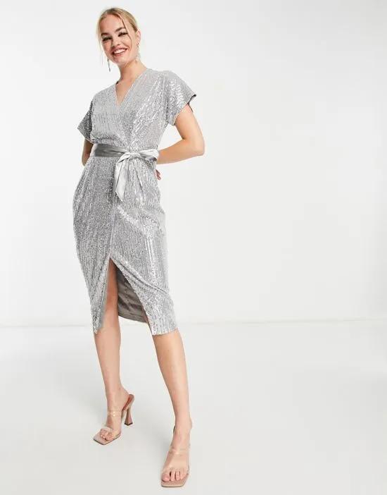 kimono wrap sequin midi dress in silver