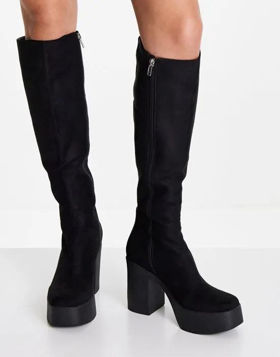 knee high platform boots in black suedette