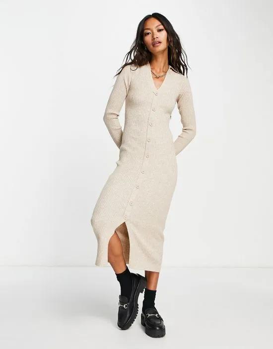 knit button front polo midi dress in oatmeal
