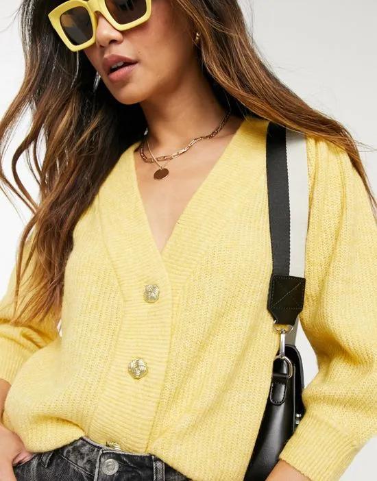 knit cardigan with puff sleeves in yellow