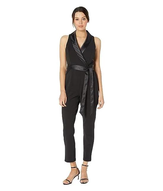 Knit Crepe Wrap Top Sleeveless Jumpsuit with Stretch Charmeuse Collar