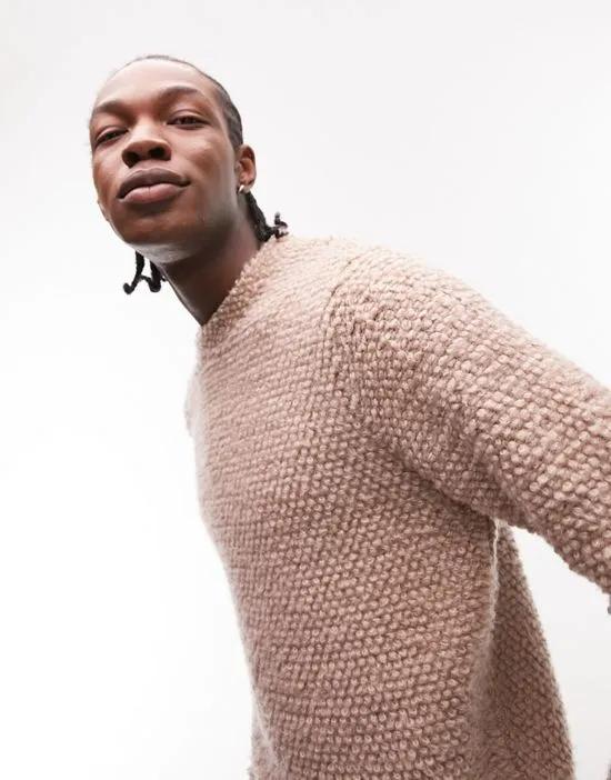 knit crew neck sweater with boucle texture in brown