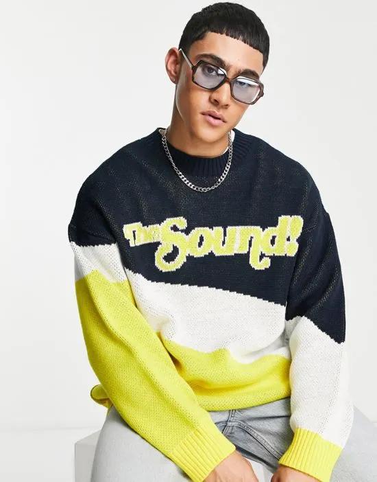 knit crew neck sweater with 'The Sound' text in navy