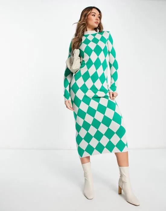 knit high neck maxi dress in green diamond print