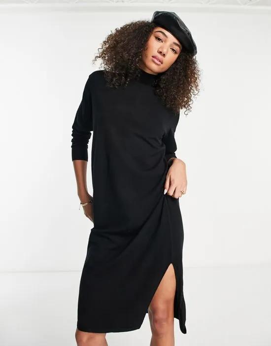 knit high neck midi dress in black