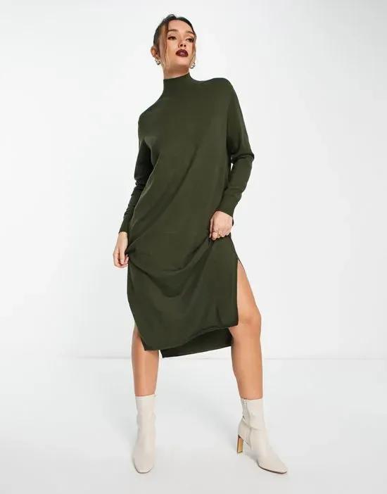 knit long sleeve midi dress with split leg in khaki
