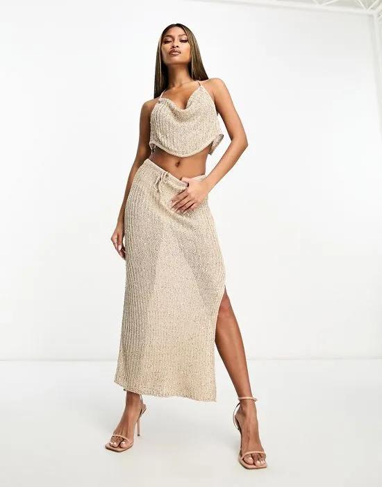 knit maxi skirt in gold sequin yarn - part of a set