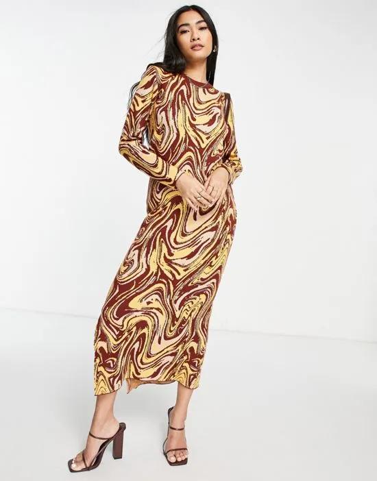 knit midi dress in brown swirl print