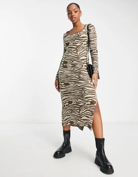 knit midi dress in brown zebra pattern