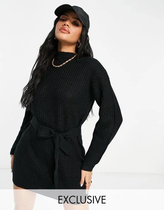 knit mini dress with belted waist in black
