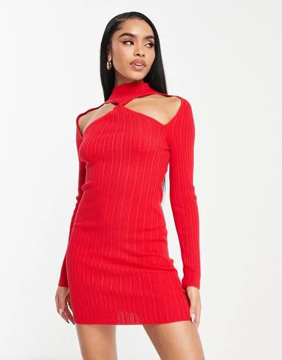 knit mini dress with twist front detail in red
