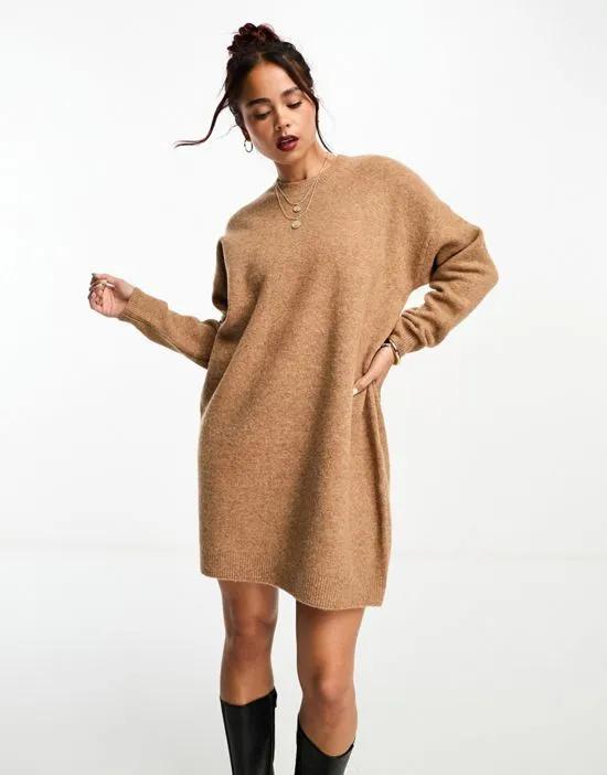 knit mini sweater dress with crew neck in camel