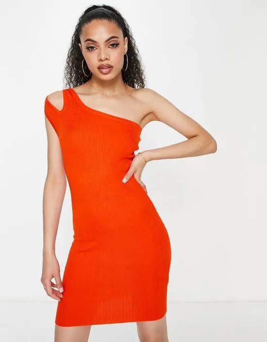 knit one shoulder mini dress in orange