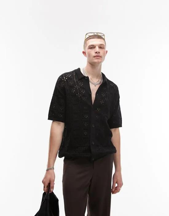 knit pointelle button up shirt in black