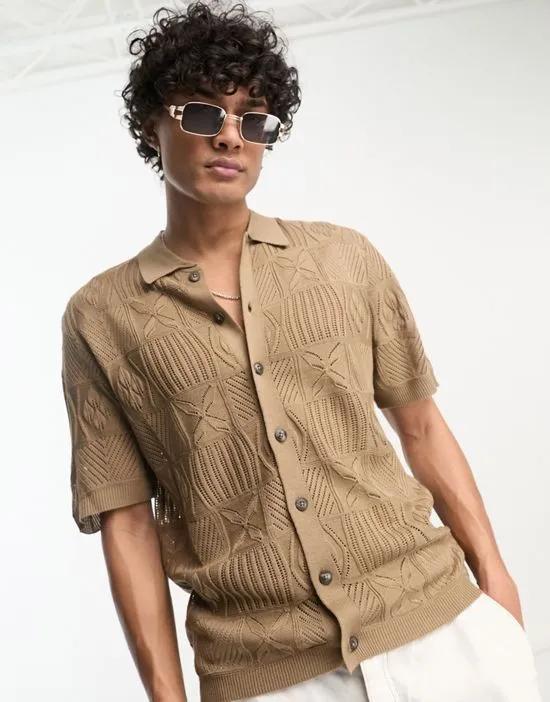 knit pointelle polo with patchwork design in beige