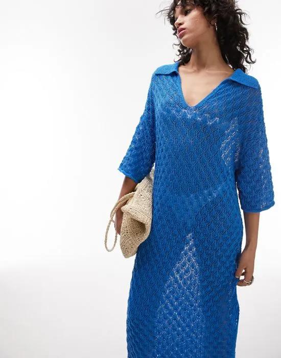 knit stitchy polo maxi dress in blue