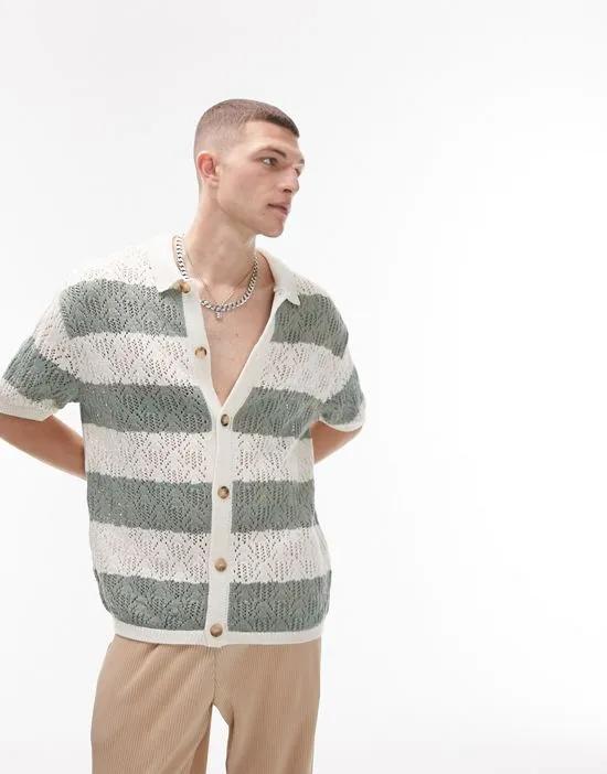 knit striped crochet button up shirt in sage