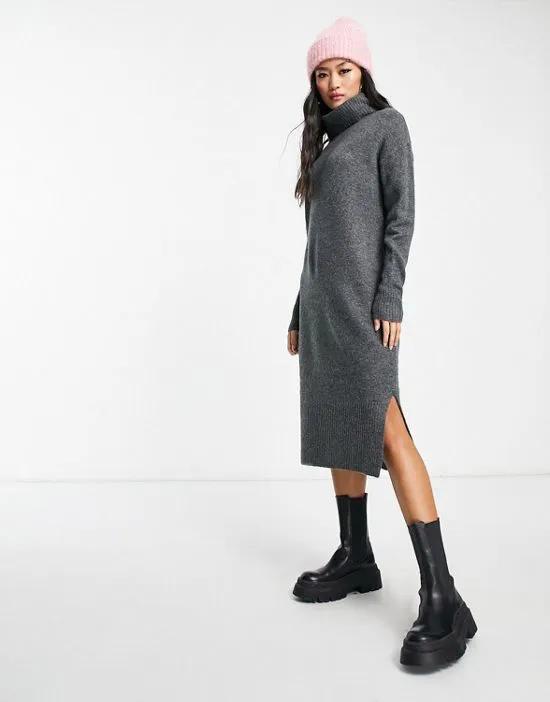 knit turtleneck midi dress in dark gray