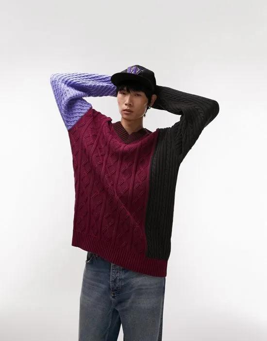 knit V-neck sweater with mix stitch in burgundy