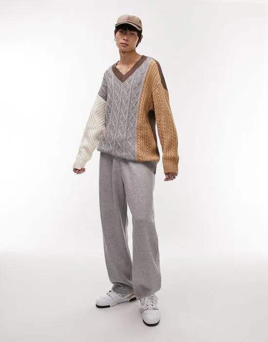 knit v-neck sweater with mix stitch in stone
