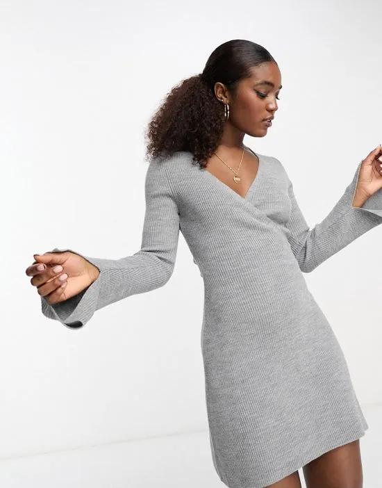 knit wrap fit and flare mini dress in heather gray