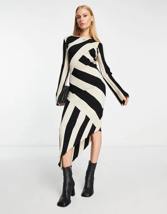 knitted asymmetric midi dress in black and white stripe