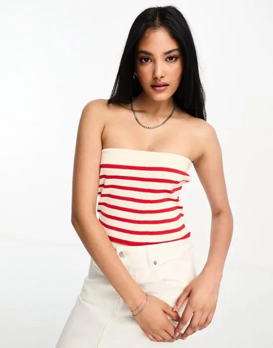knitted bandeau crop top in red and white