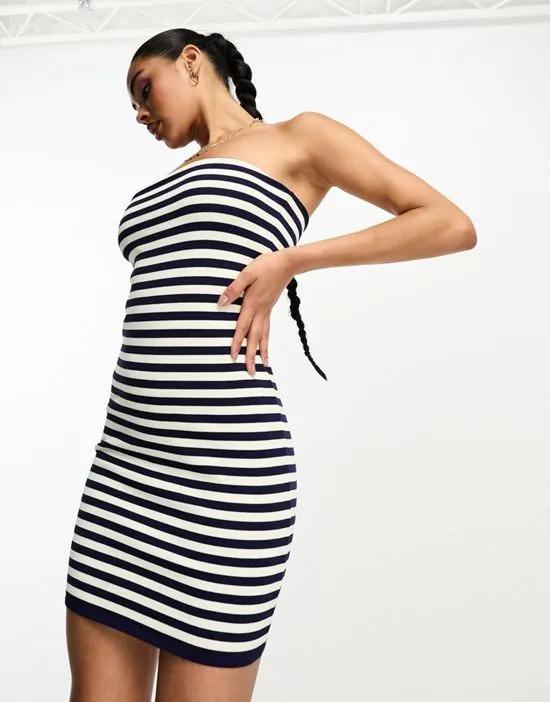 knitted bandeau mini dress in stripe in navy and cream