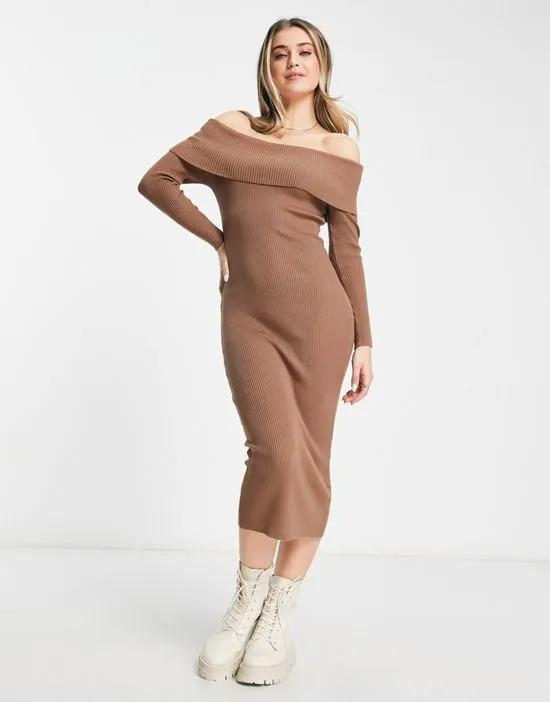 knitted bardot midi dress in tan
