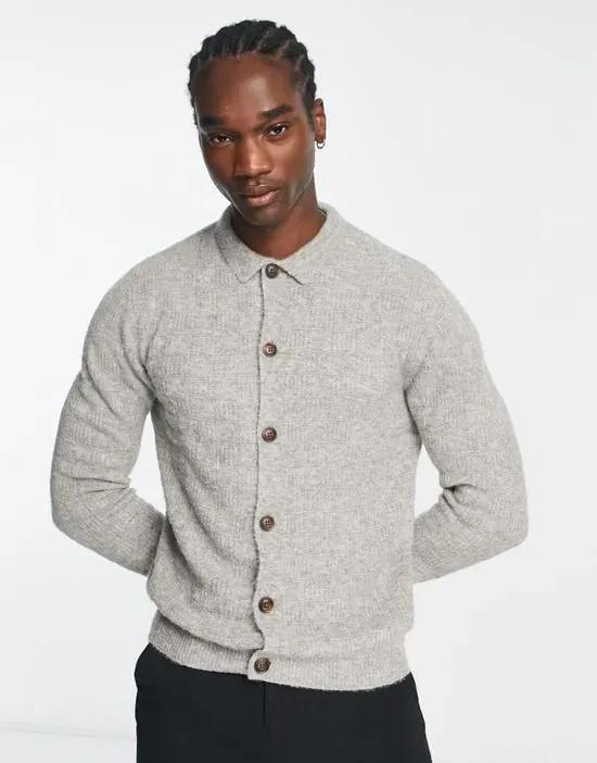knitted basket stitch button up polo in gray