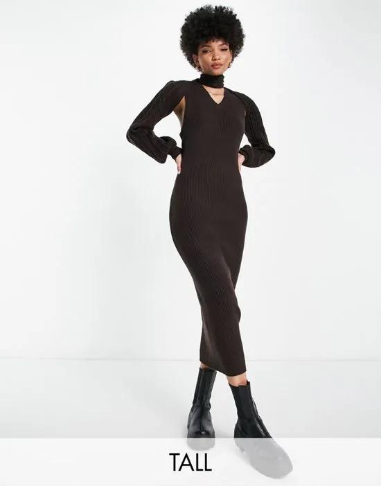 knitted body-conscious midi dress in dark brown